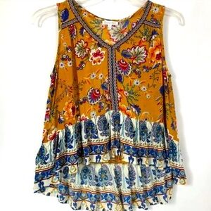 Anthropologie Patrons of Peace Mustard and Blue Floral Tank Top